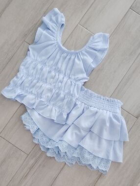 F&F Pale Blue Ruffle Top and Tiered Eyelet Skirt Set